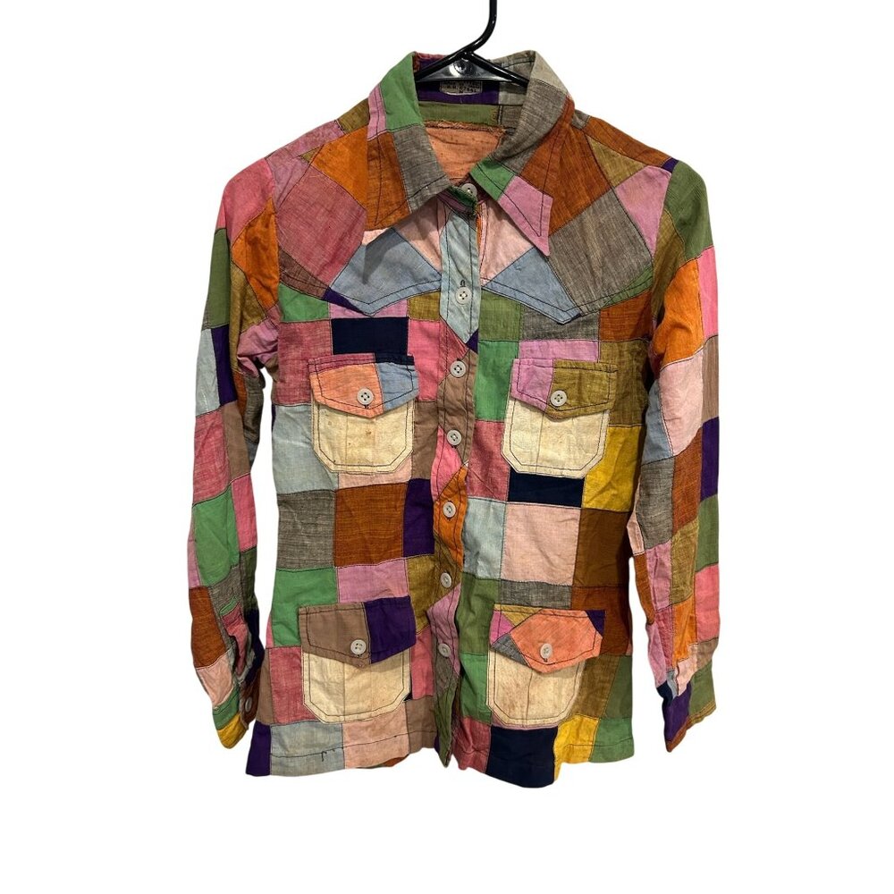 Vintage 70s Premier Shirt Patchwork Colorful Cotton Size M Boho Indie Retro